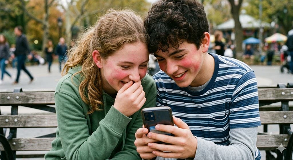 Two people laughing at a phone together on a park bench